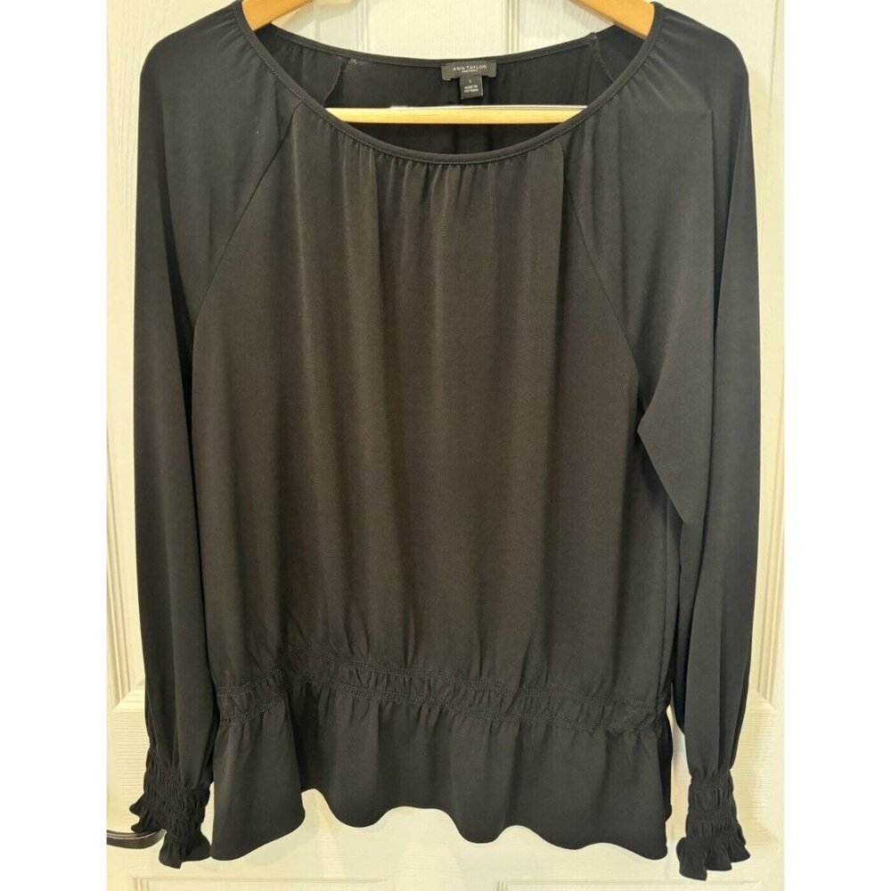 Ann Taylor Factory Women's L Black Peplum Top w/Gathered Sleeves